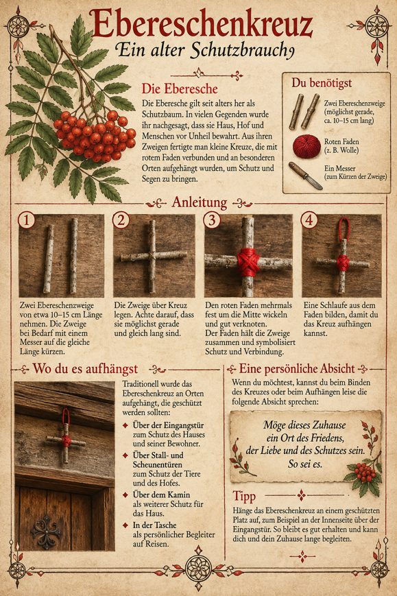 Anleitung «Ebereschenkreuz, ein alter Schutzbrauch» mit Ebereschenzweig, roten Beeren und rotem Faden
