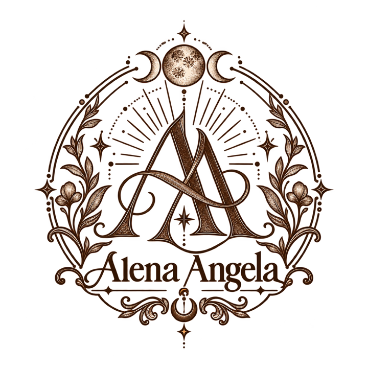 Logo Alena Angela: verschlungenes AA-Monogramm unter drei Mondphasen, umrahmt von Blumenranken