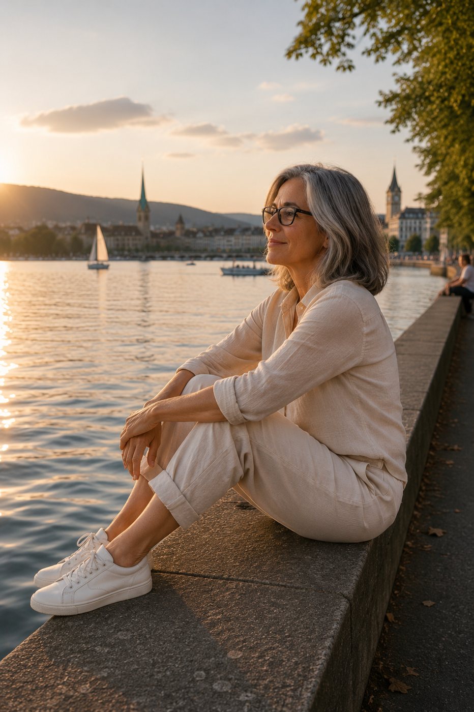 Alena Angela sitzt am See