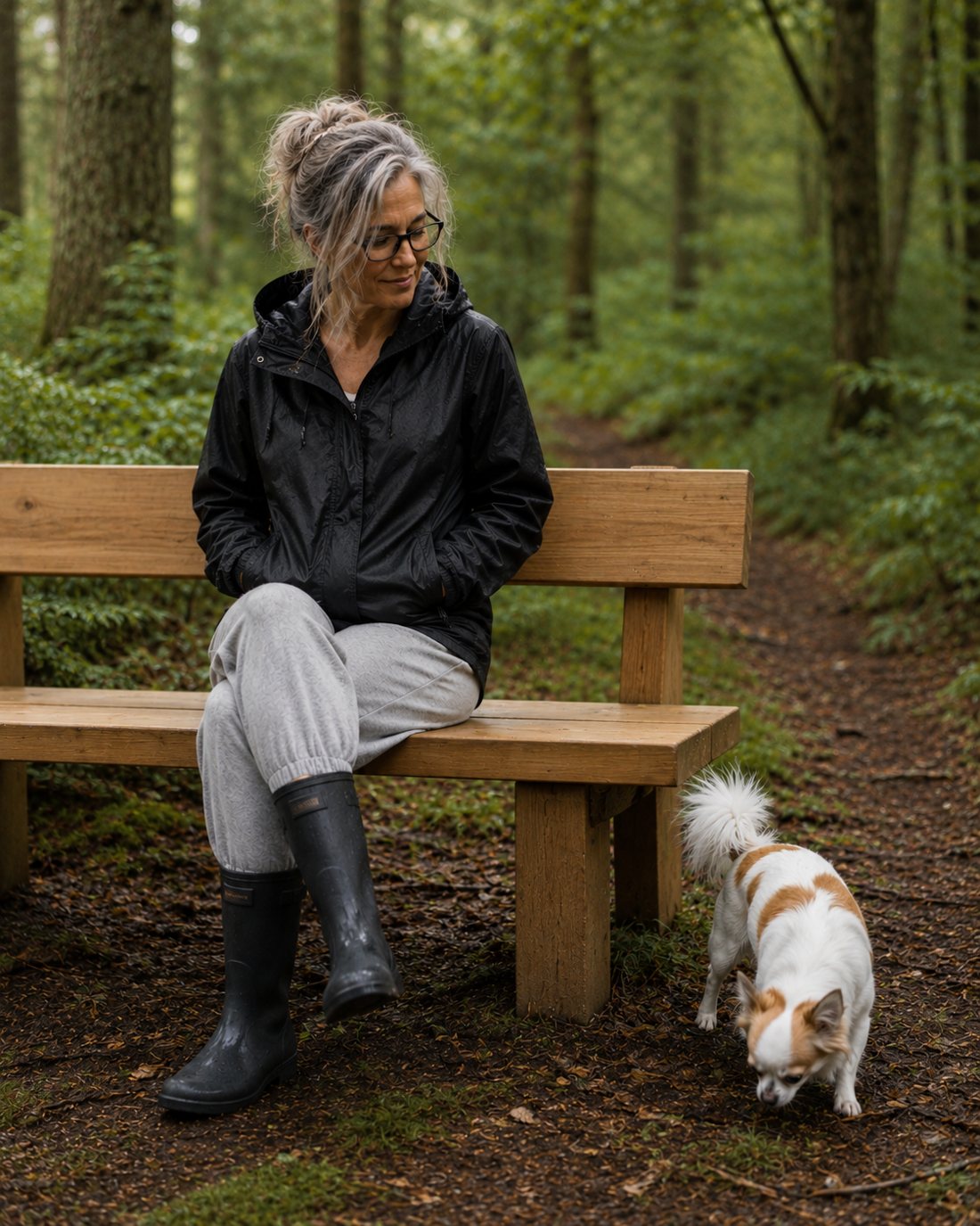 Alena Angela auf einer Bank im Wald mit ihrem Hund